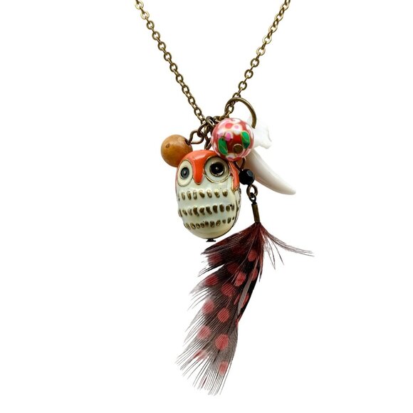 Vintage Owl Pendant Necklace with Feather & Beads in Mixed Materials - Picture 1 of 5